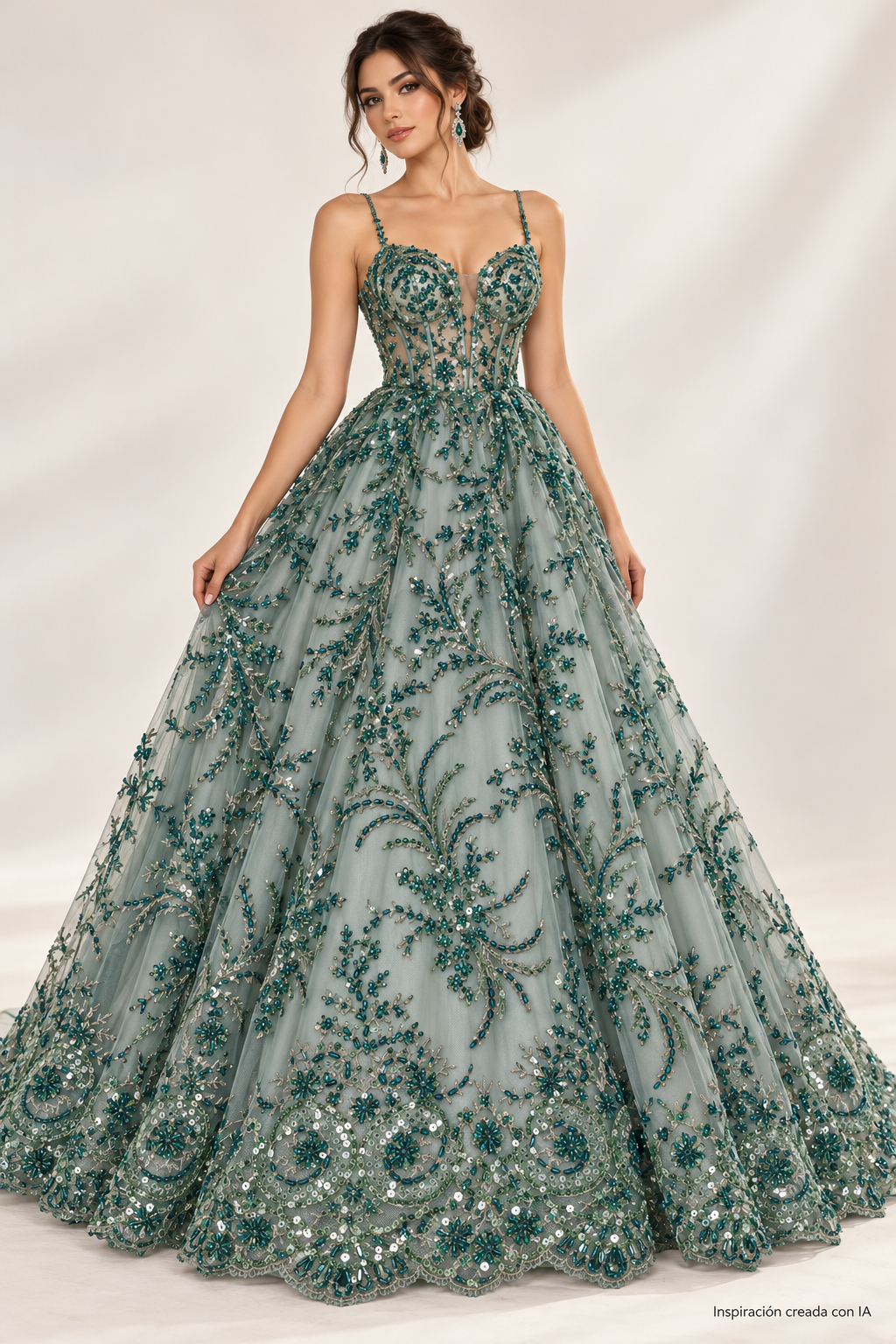 Inspiración creada con IA: vestido con tela GR15 esmeralda