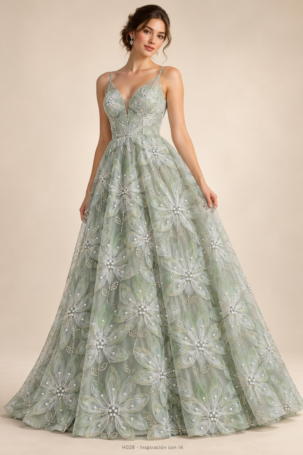 H028 · Inspiración de vestido generada con IA basada en esta tela. Se vende tela por metro.