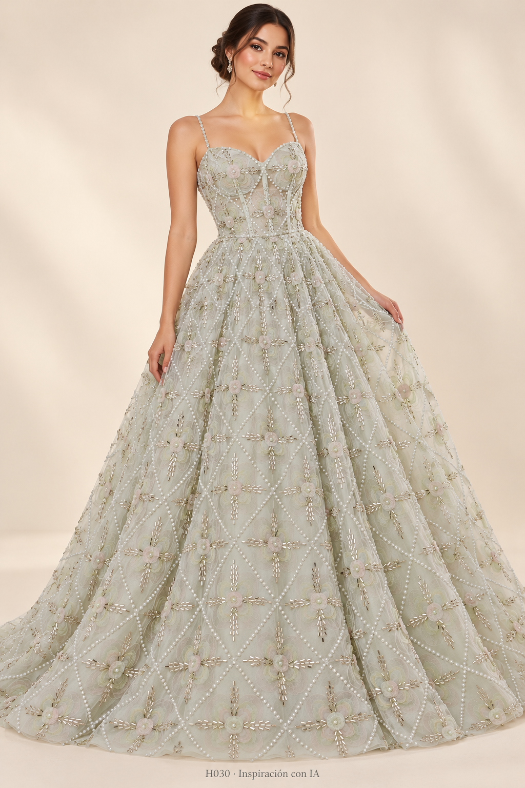 H030 · Inspiración de vestido generada con IA basada en esta tela. Se vende tela por metro.