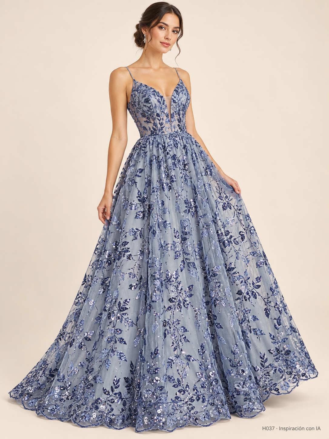 H037 · Inspiración con IA · 7741591945294. Vestido ilustrativo basado en esta tela. Se vende tela por metro.