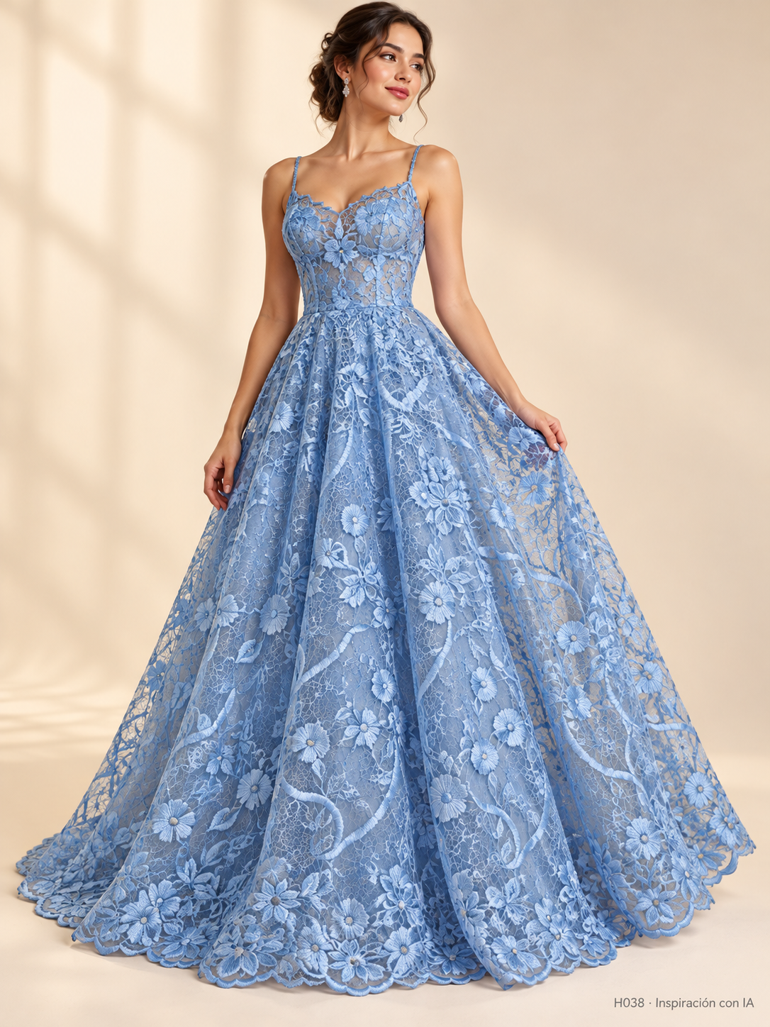 H038 · Inspiración de vestido generada con IA basada en esta tela. Se vende tela por metro.