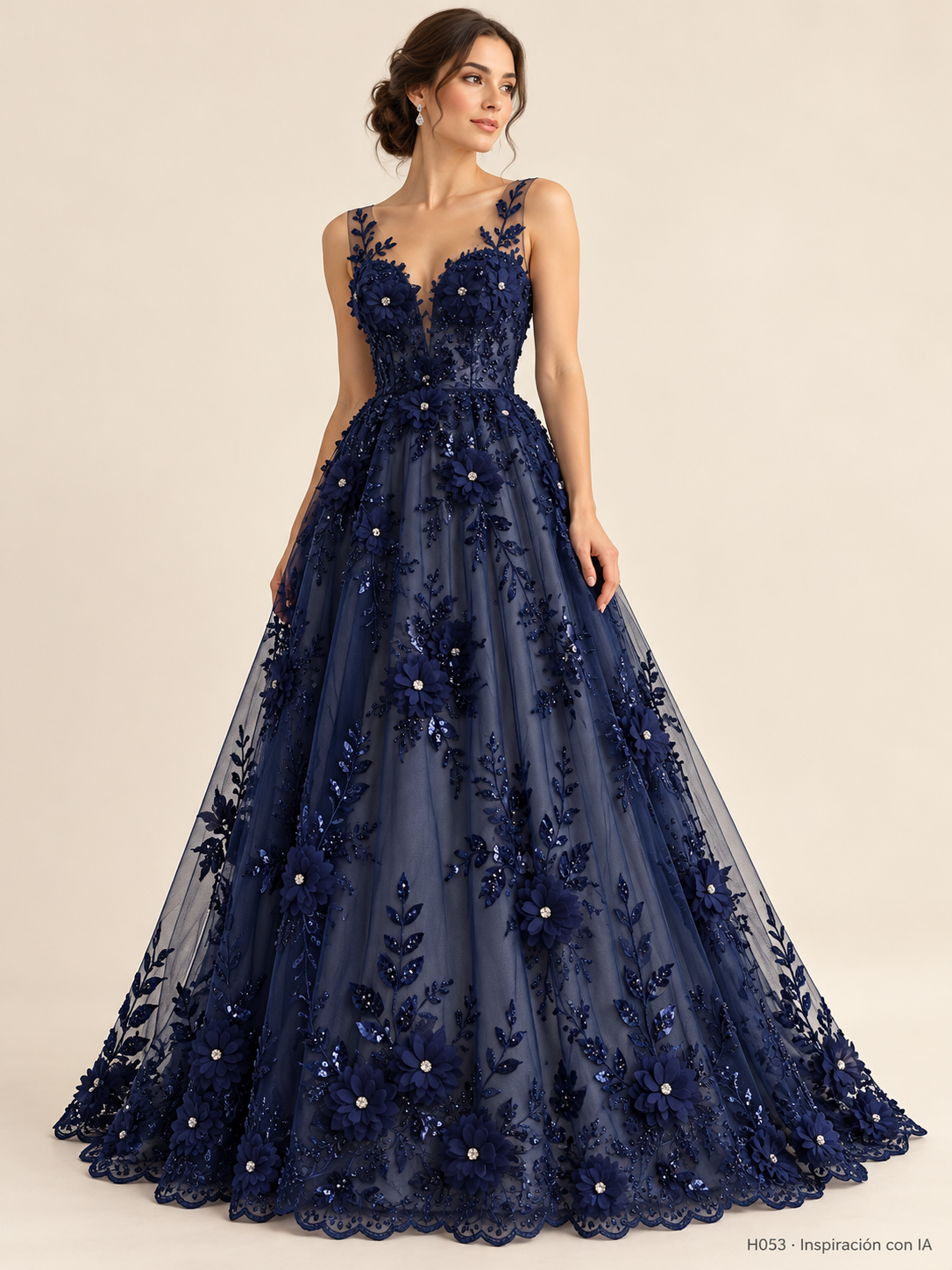 H053 · Inspiración con IA · 7741592436814. Vestido ilustrativo basado en esta tela. Se vende tela por metro.