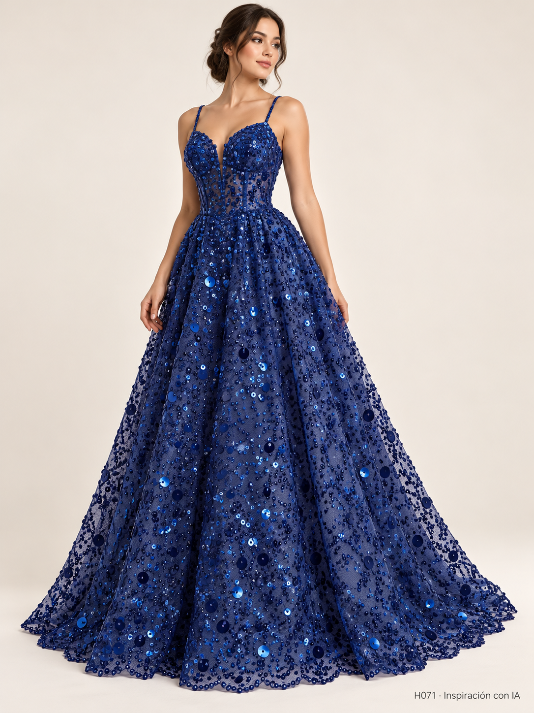 H071 · Inspiración con IA · 7741592666190. Vestido ilustrativo basado en esta tela. Se vende tela por metro.