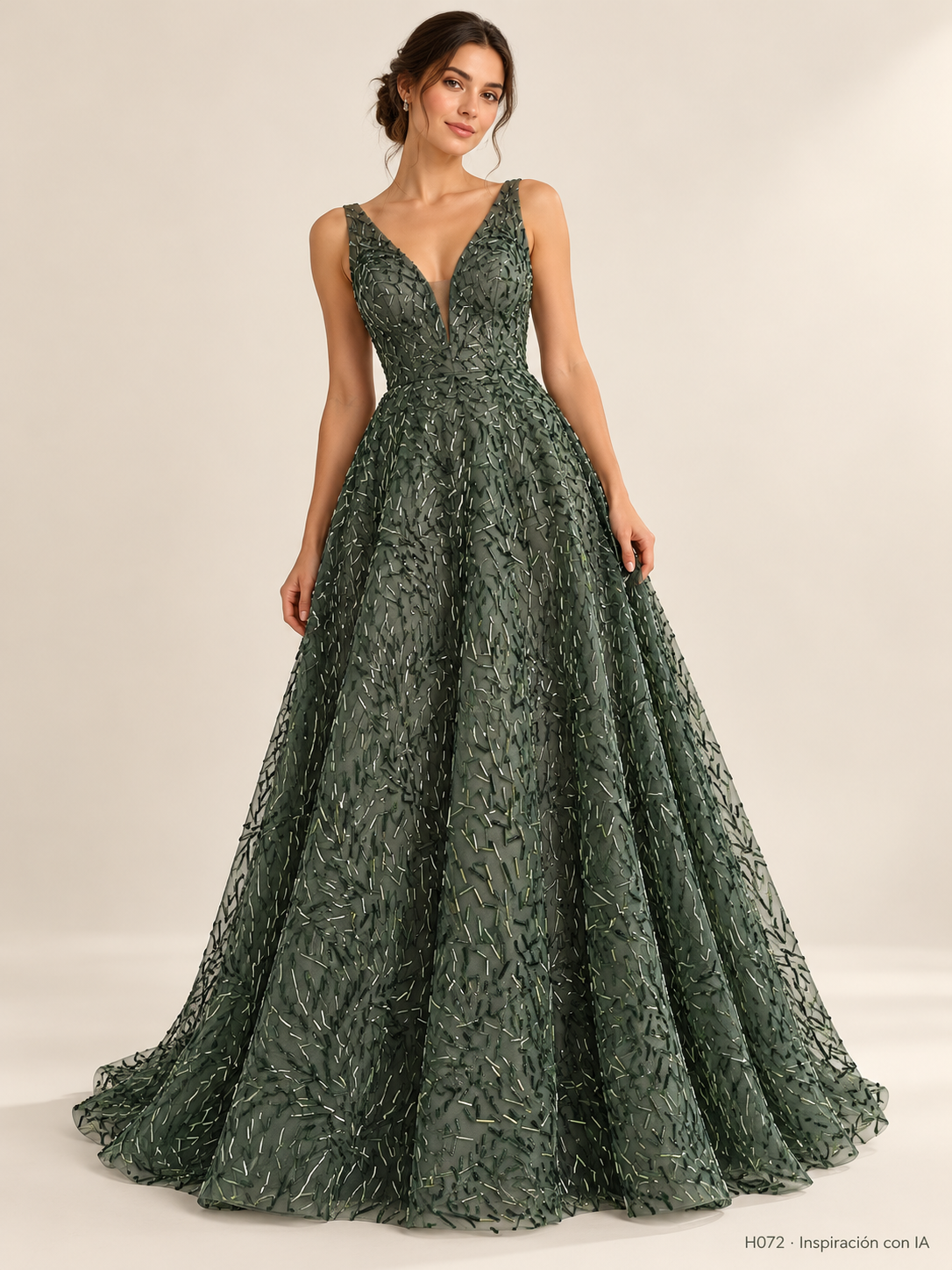 H072 · Inspiración de vestido generada con IA basada en esta tela. Se vende tela por metro.