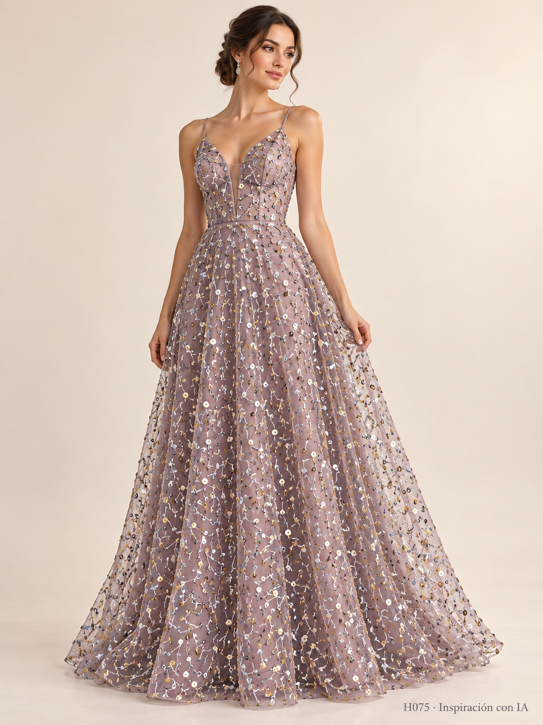 H075 Malva · Inspiración con IA · 7732424147022. Ilustración de vestido basada en la fotografía de esta tela. Se vende tela por metro.