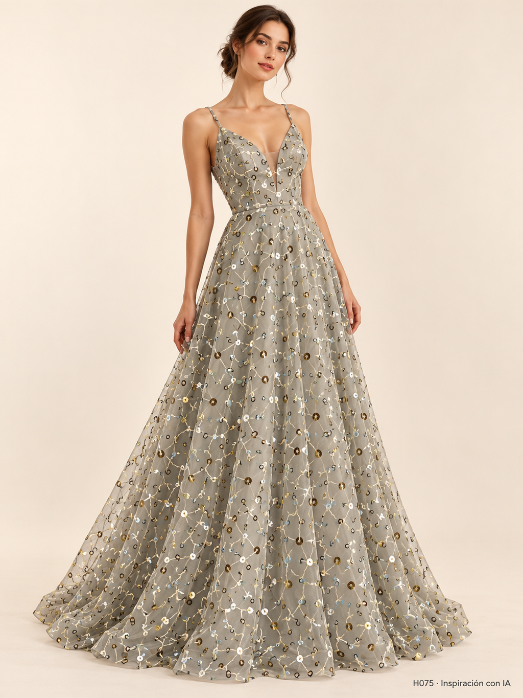 H075 · Inspiración de vestido generada con IA basada en esta tela. Se vende tela por metro.