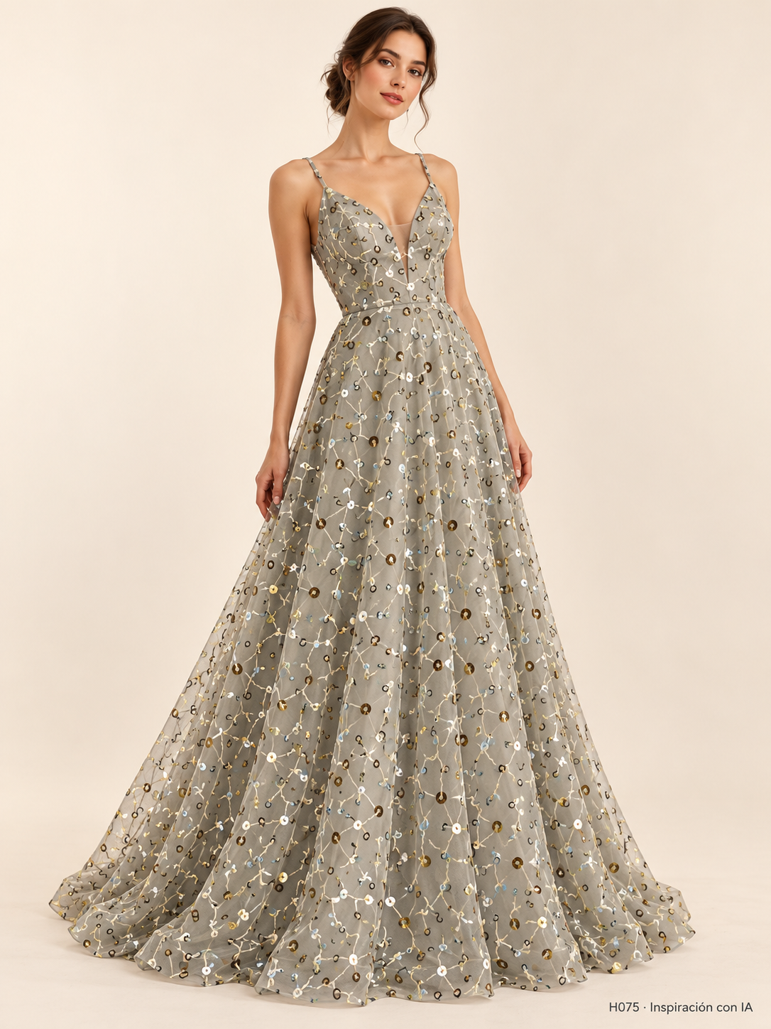 H075 · Inspiración de vestido generada con IA basada en esta tela. Se vende tela por metro.