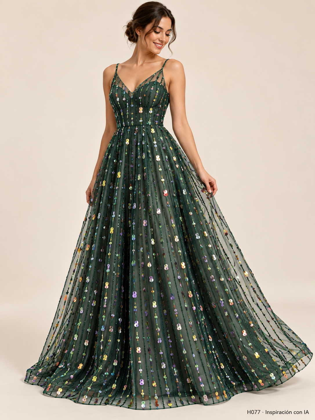H077 · Inspiración de vestido generada con IA basada en esta tela. Se vende tela por metro.