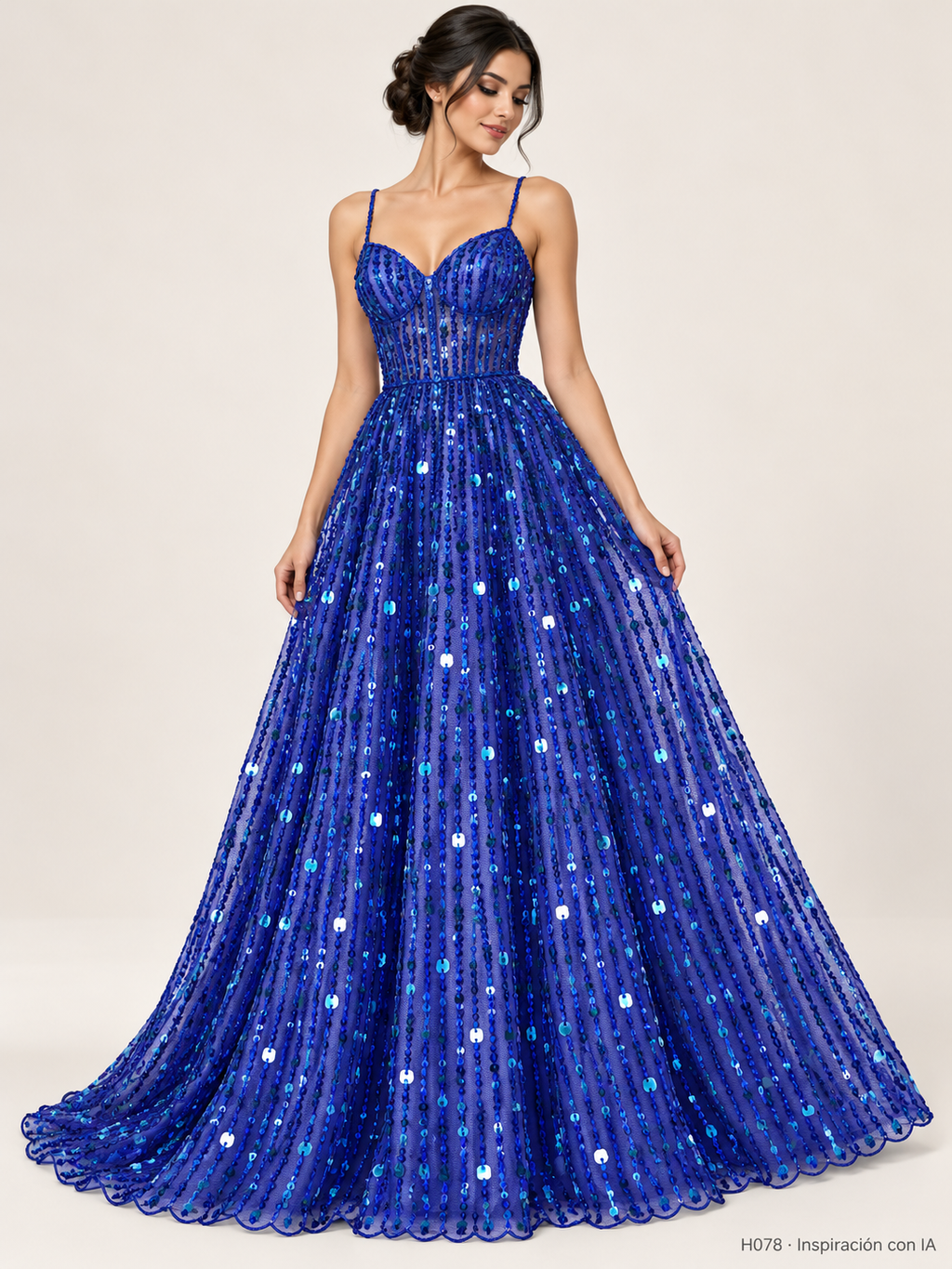 H078 · Inspiración con IA · 7741594107982. Vestido ilustrativo basado en esta tela. Se vende tela por metro.