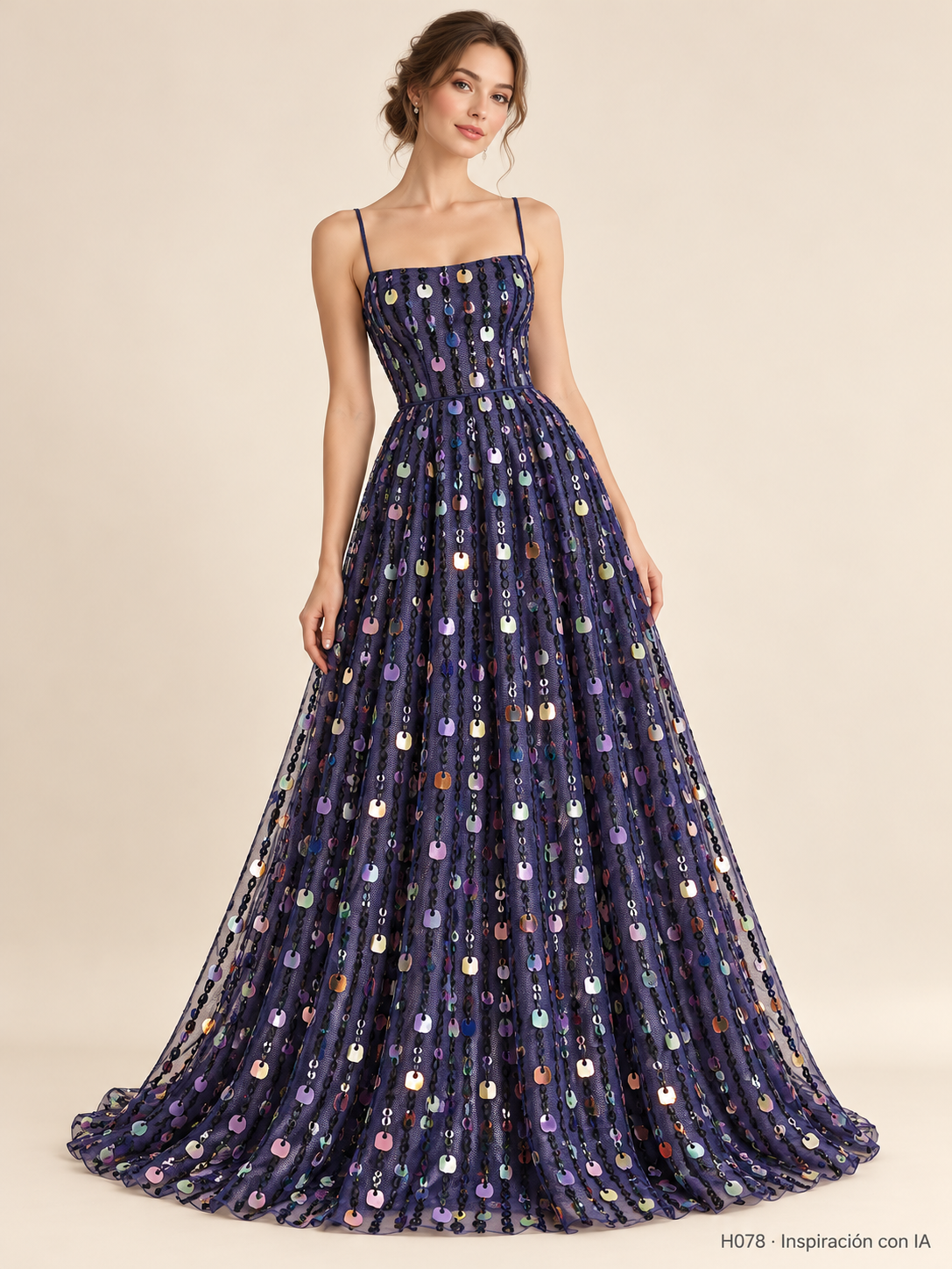 H078 marino: vestido de inspiración con IA basado en esta tela. Se vende tela por metro.