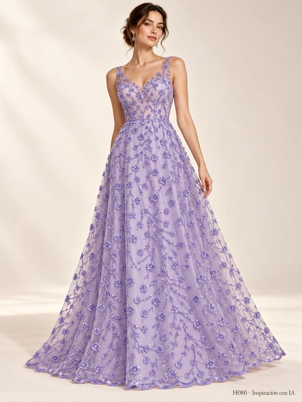 H080 Lila Claro · Inspiración con IA · 7738701185102. Ilustración de vestido basada en la fotografía de esta tela. Se vende tela por metro.