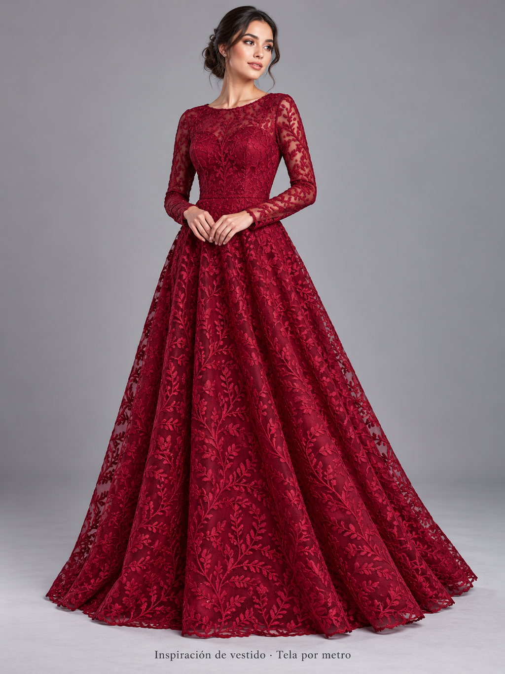 Tul bordado color vino H083, ideal para vestidos de noche de boda y de XV años · Inspiración de vestido generada con IA. Se vende tela por metro.