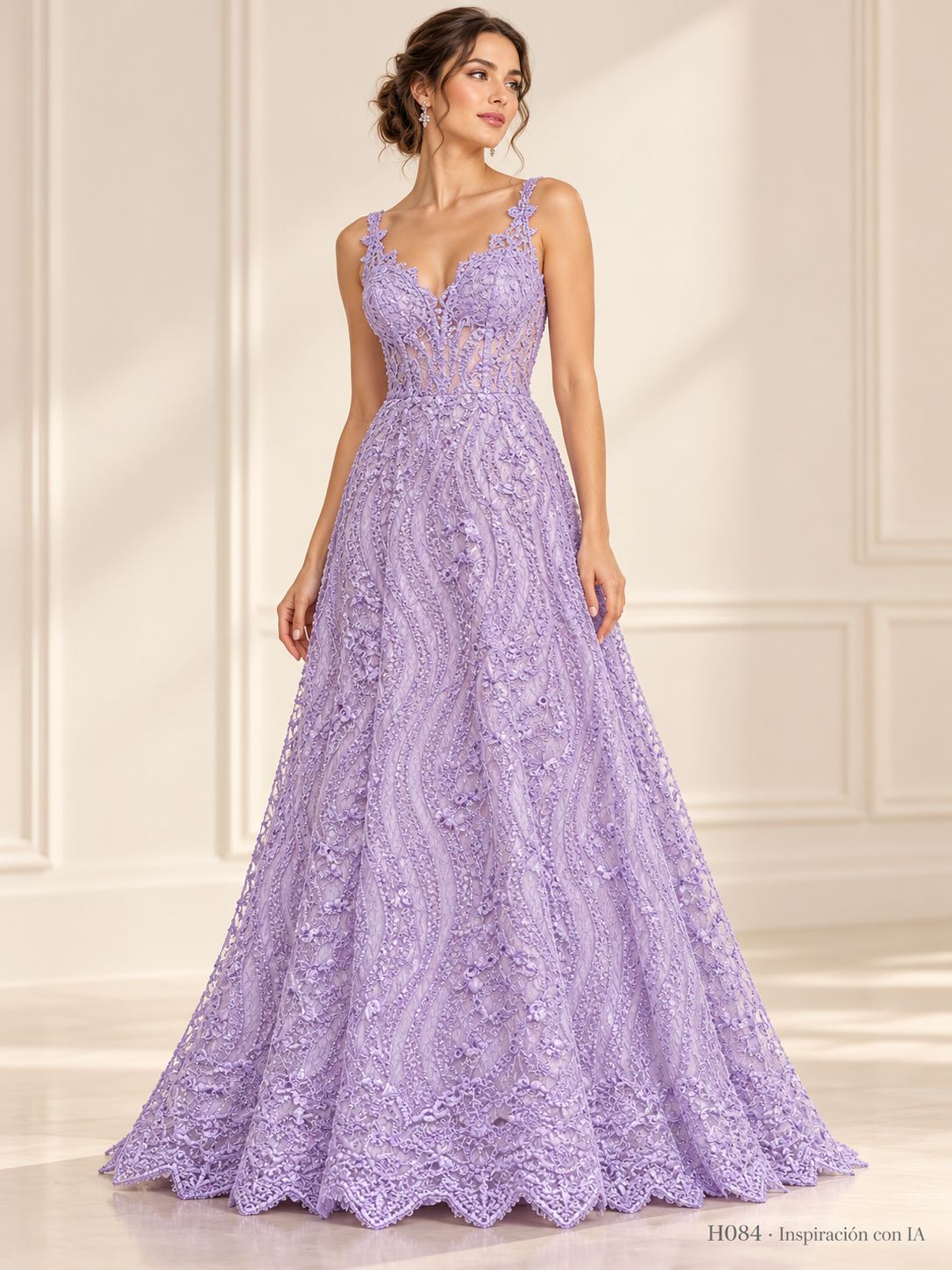 H084 Lila Claro · Inspiración con IA · 7738702528590. Ilustración de vestido basada en la fotografía de esta tela. Se vende tela por metro.