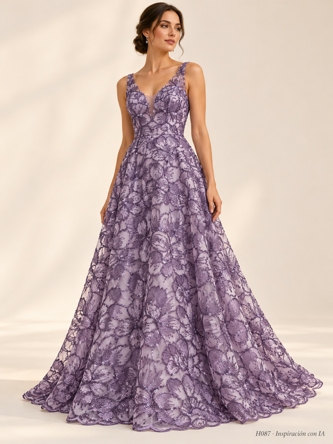 H087 Malva · Inspiración con IA · 7738718486606. Ilustración de vestido basada en la fotografía de esta tela. Se vende tela por metro.