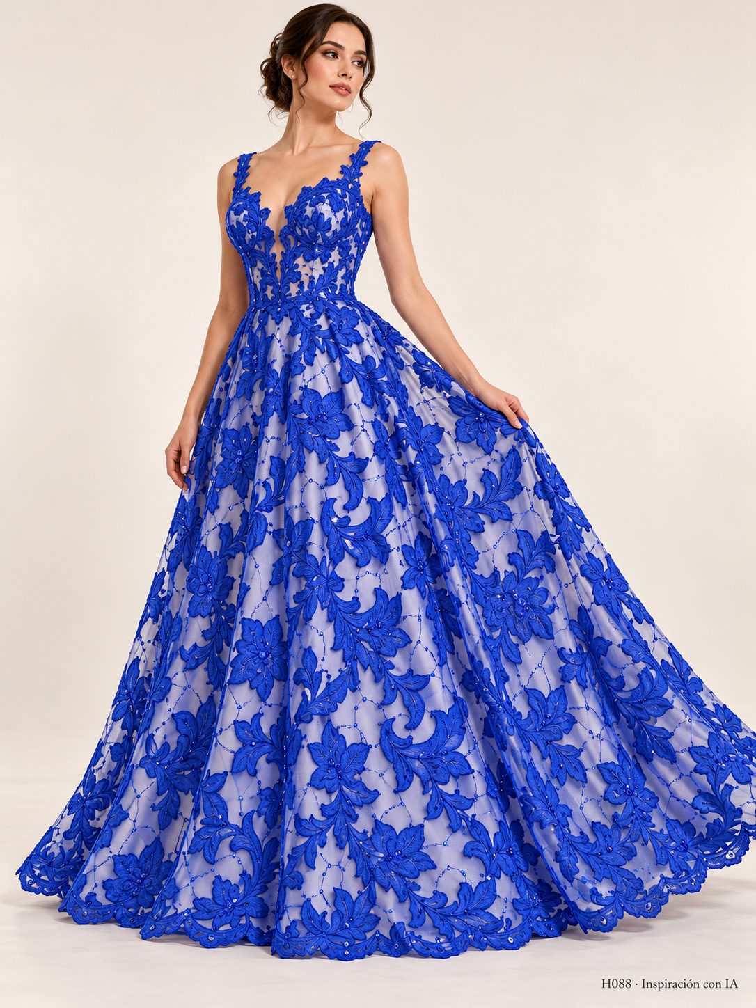 H088 · Inspiración con IA · 7741596336206. Vestido ilustrativo basado en esta tela. Se vende tela por metro.