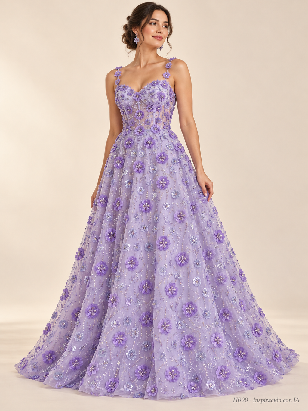 H090 Lila Claro · Inspiración con IA · 7738702594126. Ilustración de vestido basada en la fotografía de esta tela. Se vende tela por metro.