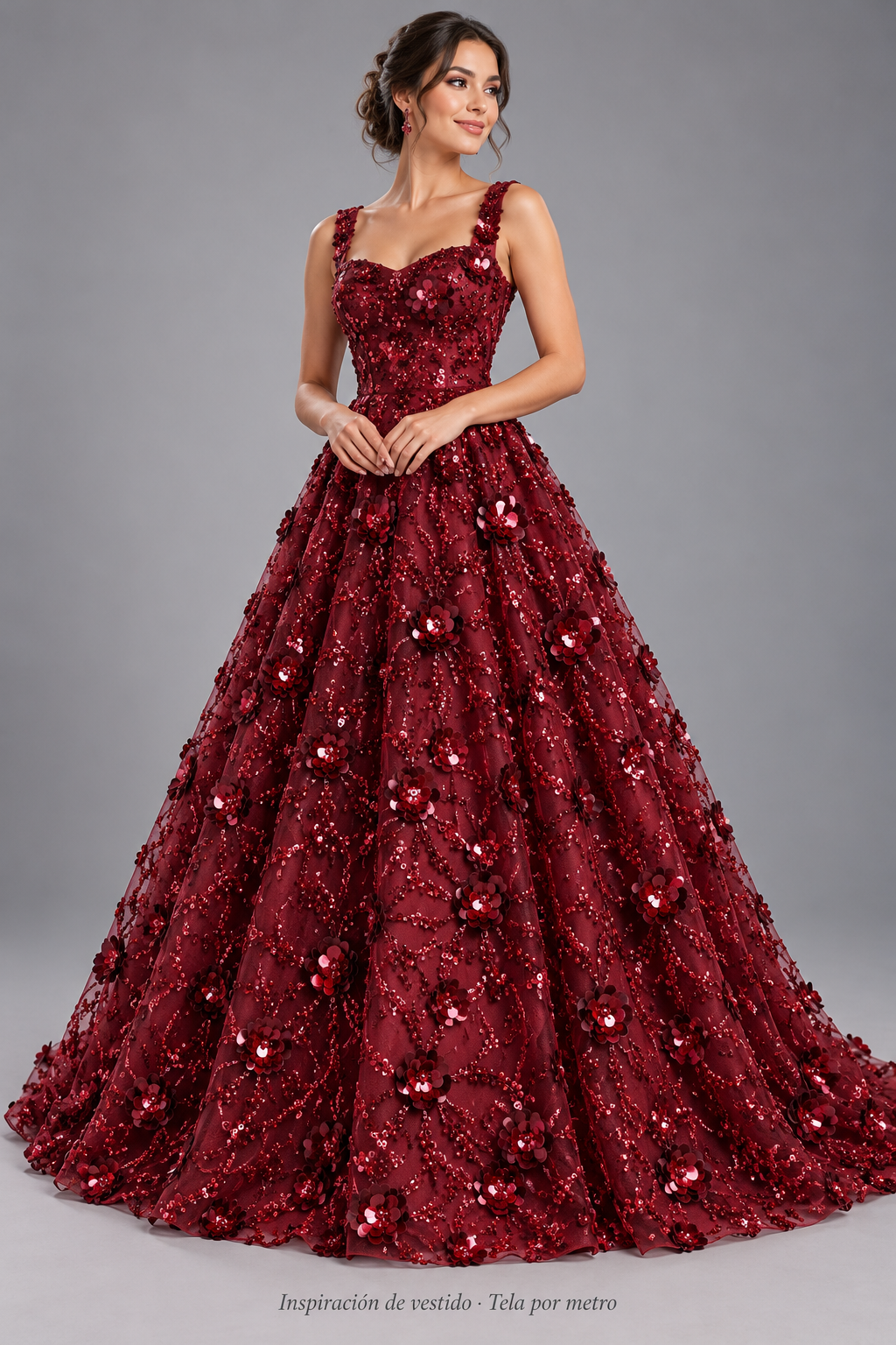Tul bordado color vino H091, ideal para vestidos de noche de boda y de XV años · Inspiración de vestido generada con IA. Se vende tela por metro.