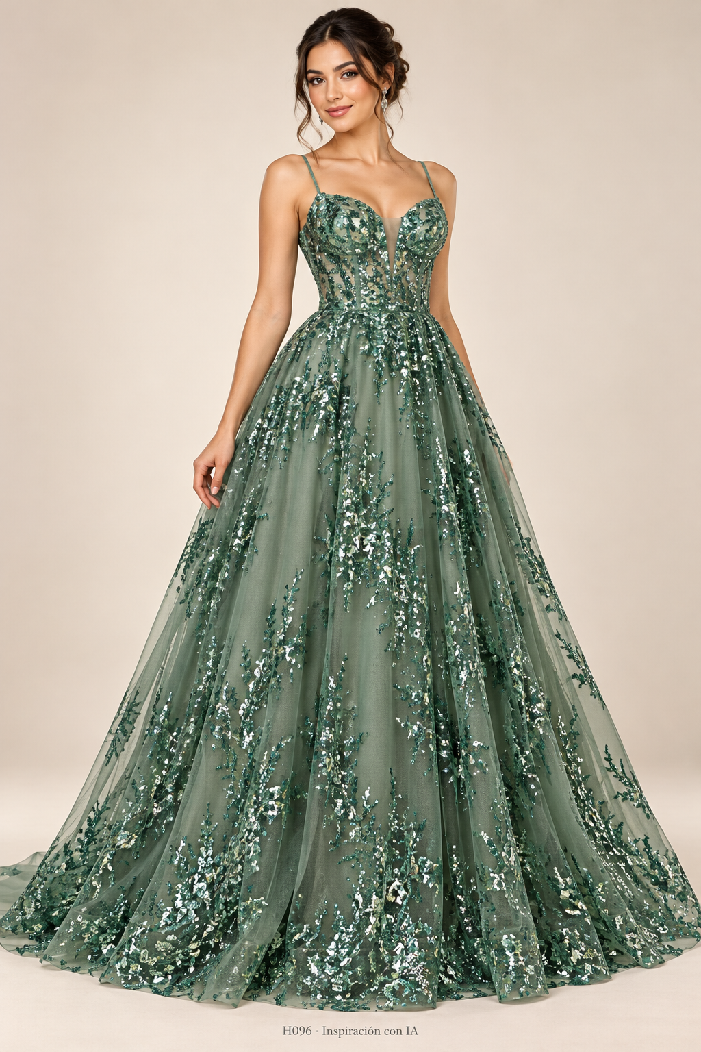 H096 · Inspiración de vestido generada con IA basada en esta tela. Se vende tela por metro.