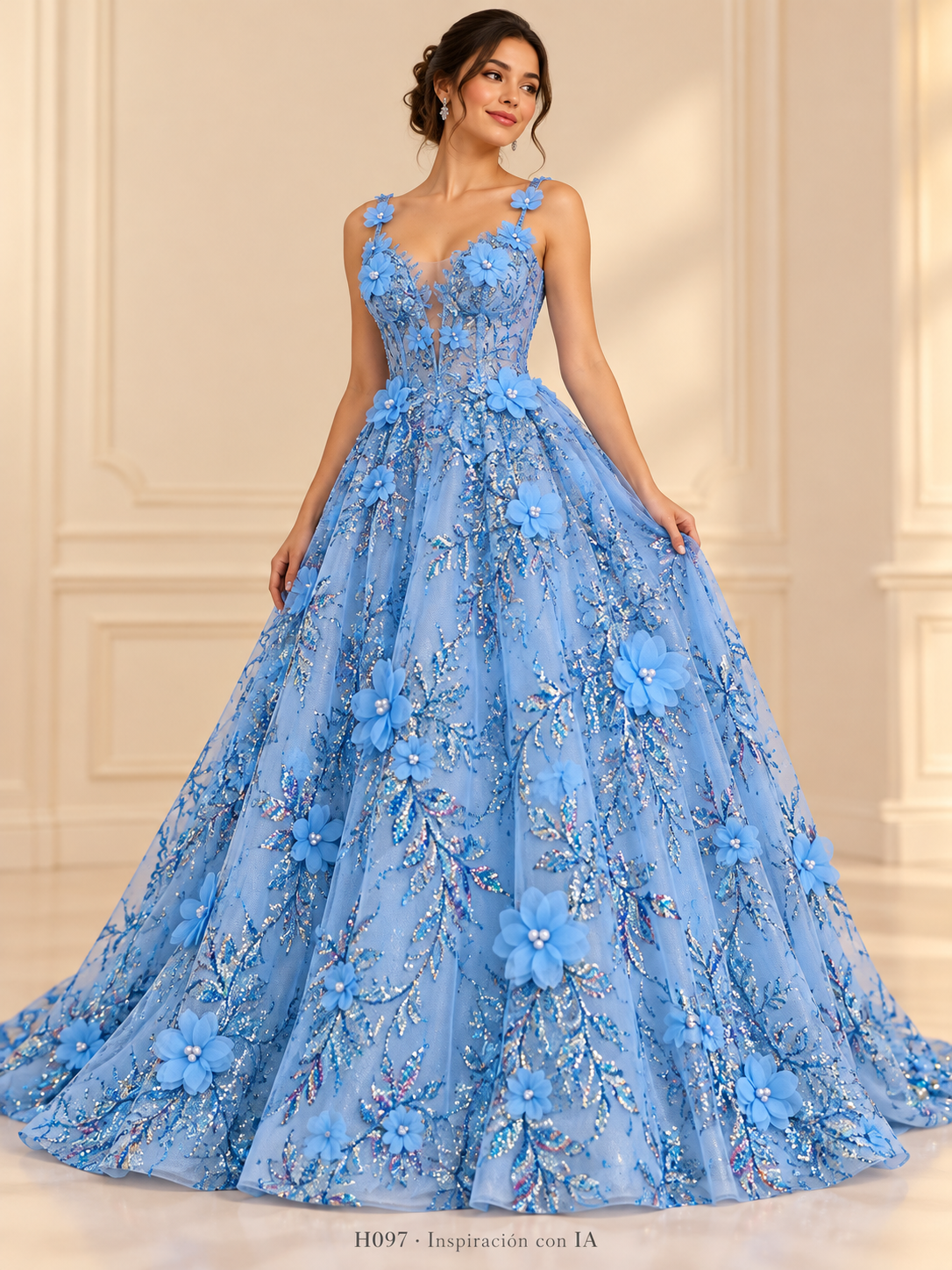 H097 · Inspiración de vestido generada con IA basada en esta tela. Se vende tela por metro.