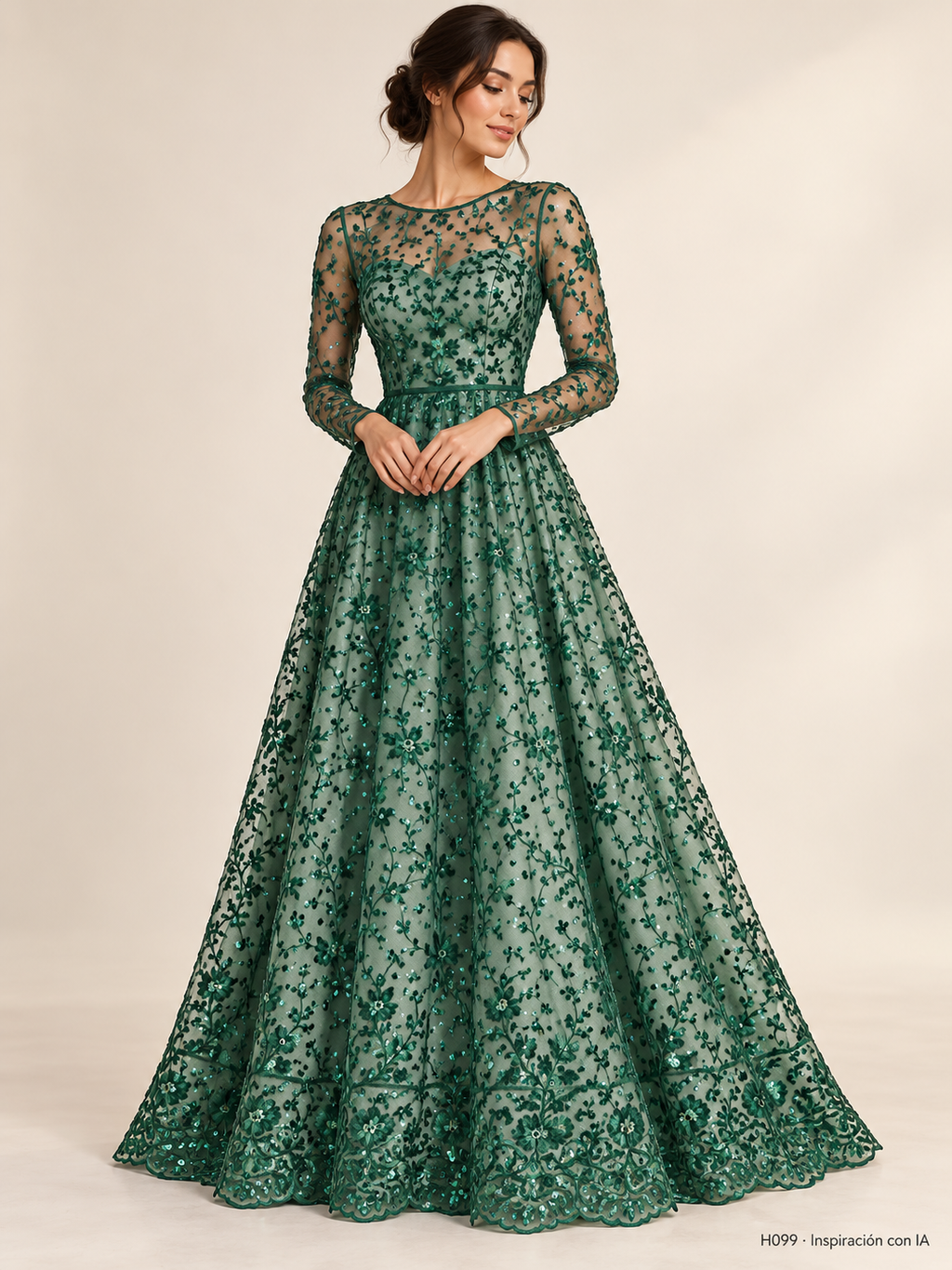 H099 · Inspiración de vestido generada con IA basada en esta tela. Se vende tela por metro.