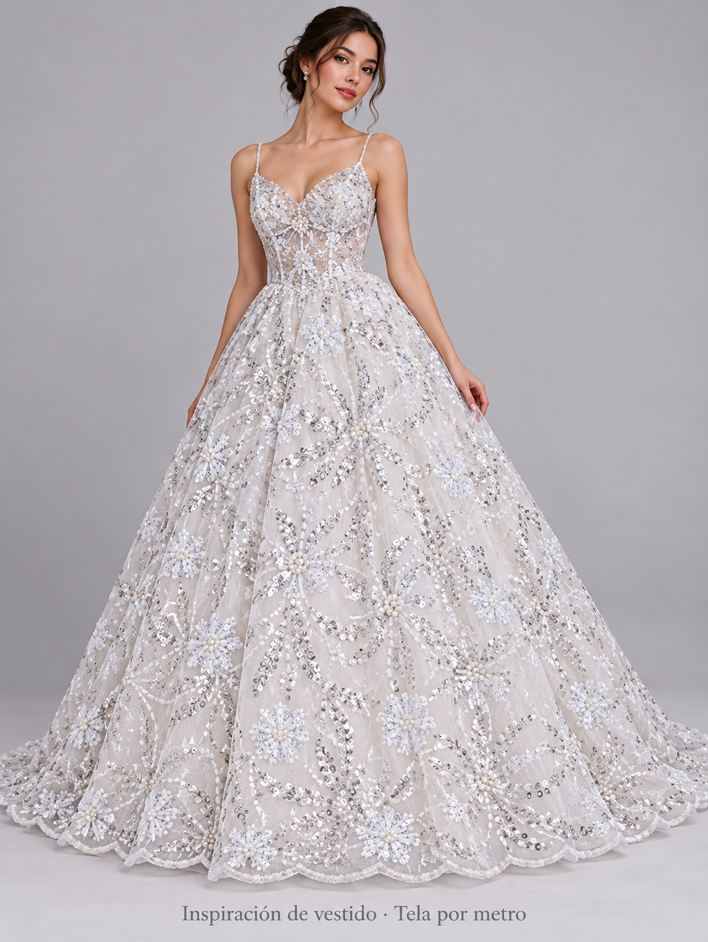 H101 blanco · Inspiración de vestido generada con IA. Se vende tela por metro.