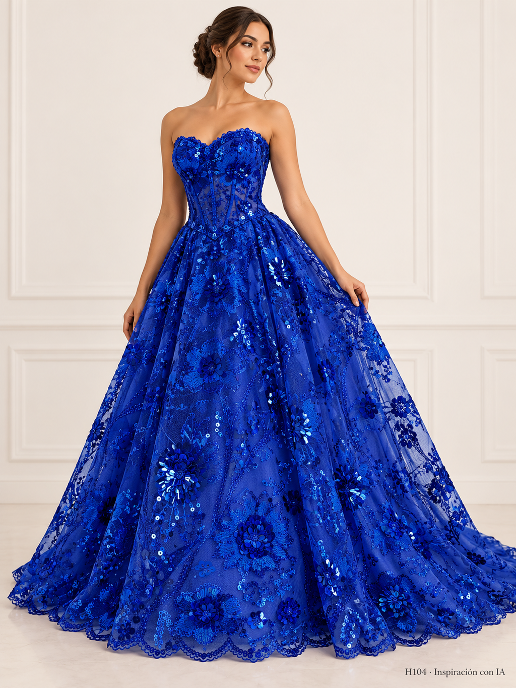 H104 · Inspiración con IA · 7741599711310. Vestido ilustrativo basado en esta tela. Se vende tela por metro.