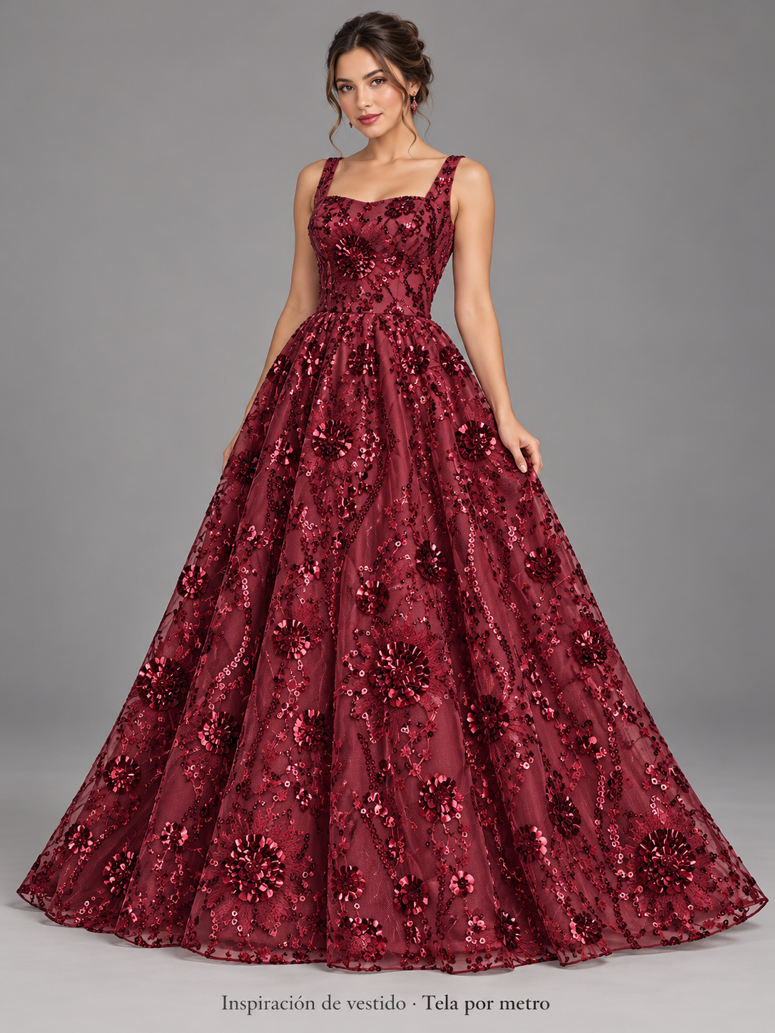 Tul bordado color vino H104, ideal para vestidos de noche de boda y de XV años · Inspiración de vestido generada con IA. Se vende tela por metro.