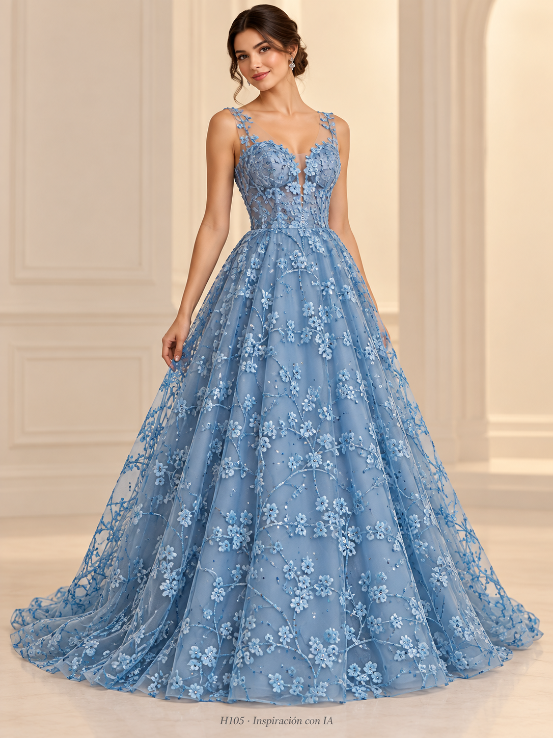 H105 · Inspiración de vestido generada con IA basada en esta tela. Se vende tela por metro.