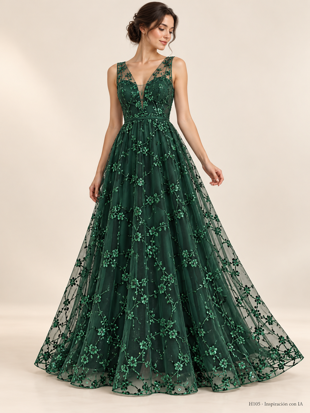 H105 · Inspiración de vestido generada con IA basada en esta tela. Se vende tela por metro.