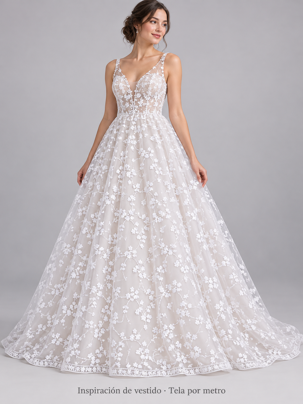 H105 blanco · Inspiración de vestido generada con IA. Se vende tela por metro.