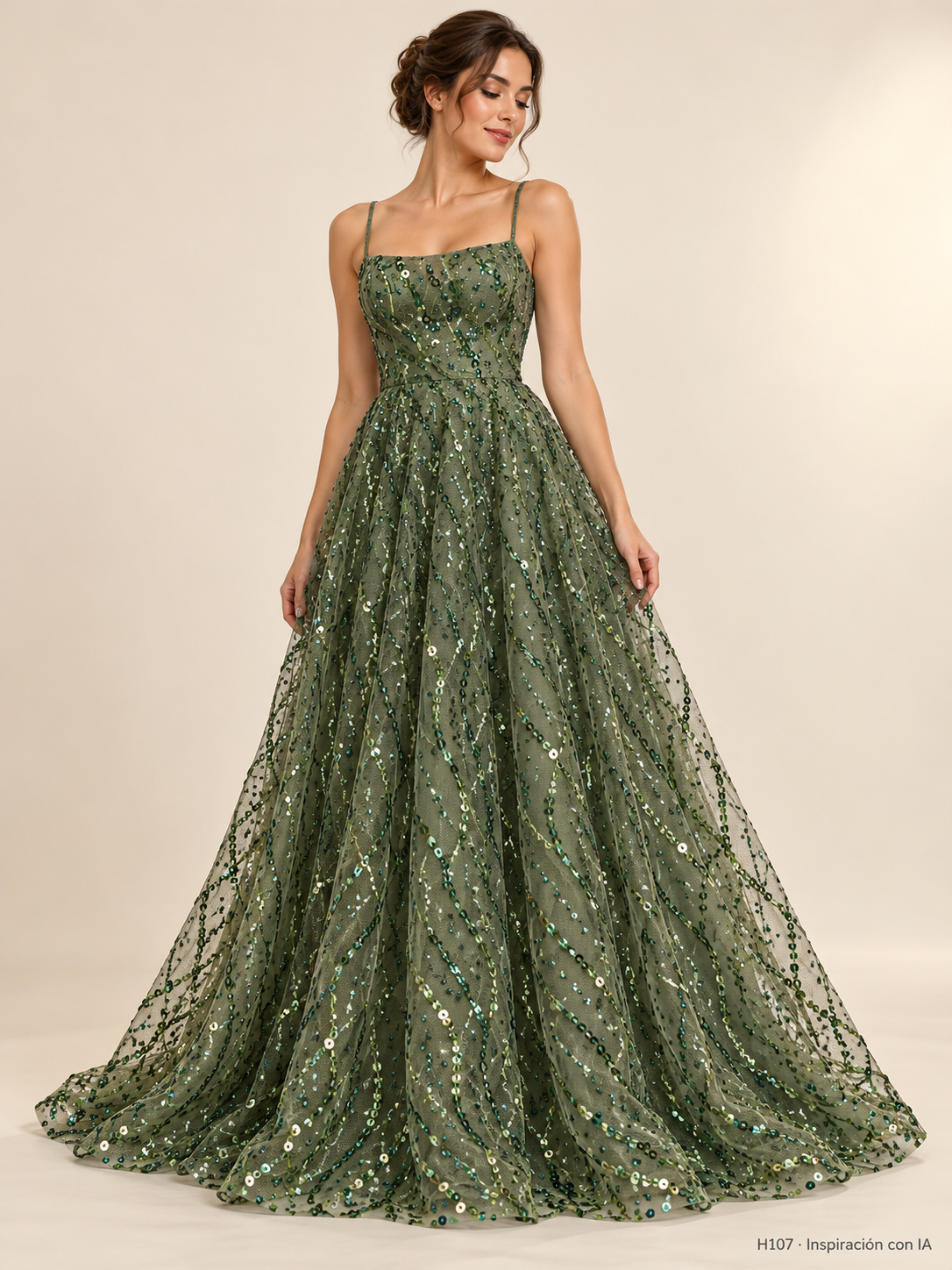 H107 · Inspiración de vestido generada con IA basada en esta tela. Se vende tela por metro.