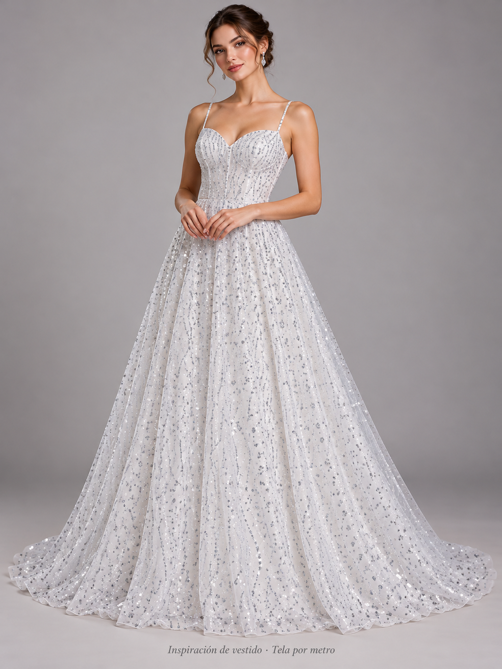 H107 blanco · Inspiración de vestido generada con IA. Se vende tela por metro.