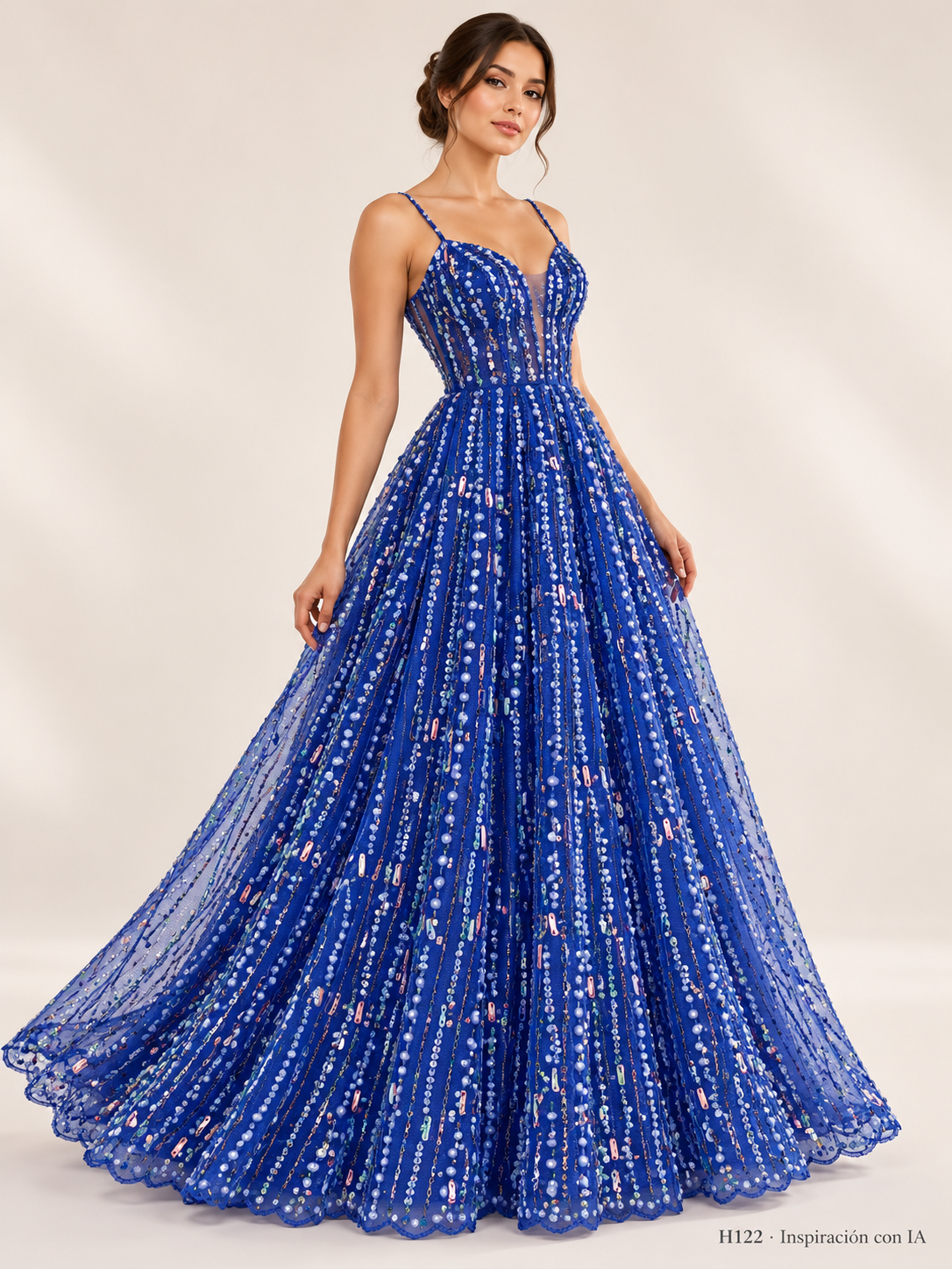 H122 · Inspiración con IA · 7741616914510. Vestido ilustrativo basado en esta tela. Se vende tela por metro.