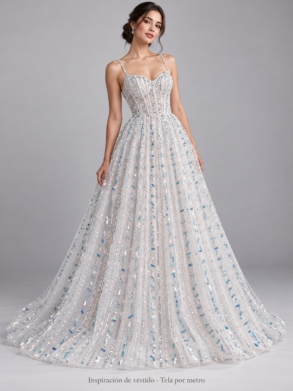 H122 blanco · Inspiración de vestido generada con IA. Se vende tela por metro.