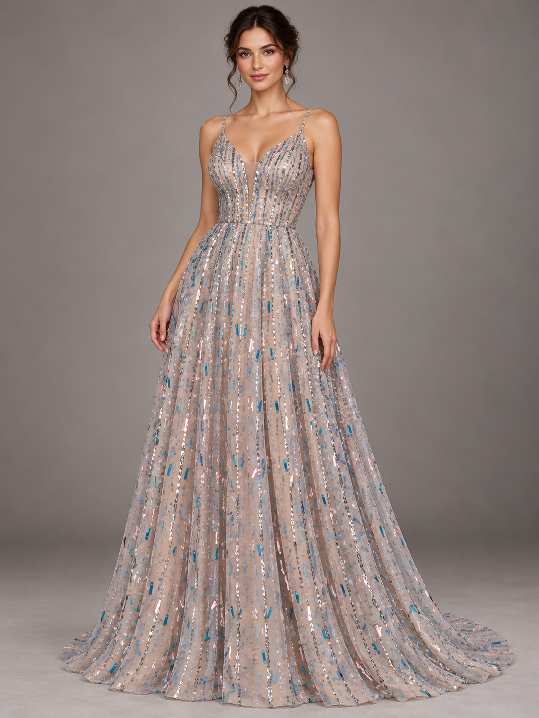 Inspiración de vestido generada con IA con tela H122-nude; se vende la tela por metro.