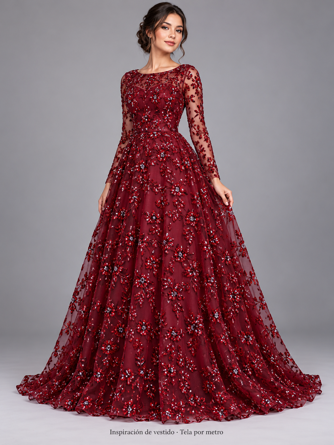 Tul bordado color vino H125, ideal para vestidos de noche de boda y de XV años · Inspiración de vestido generada con IA. Se vende tela por metro.