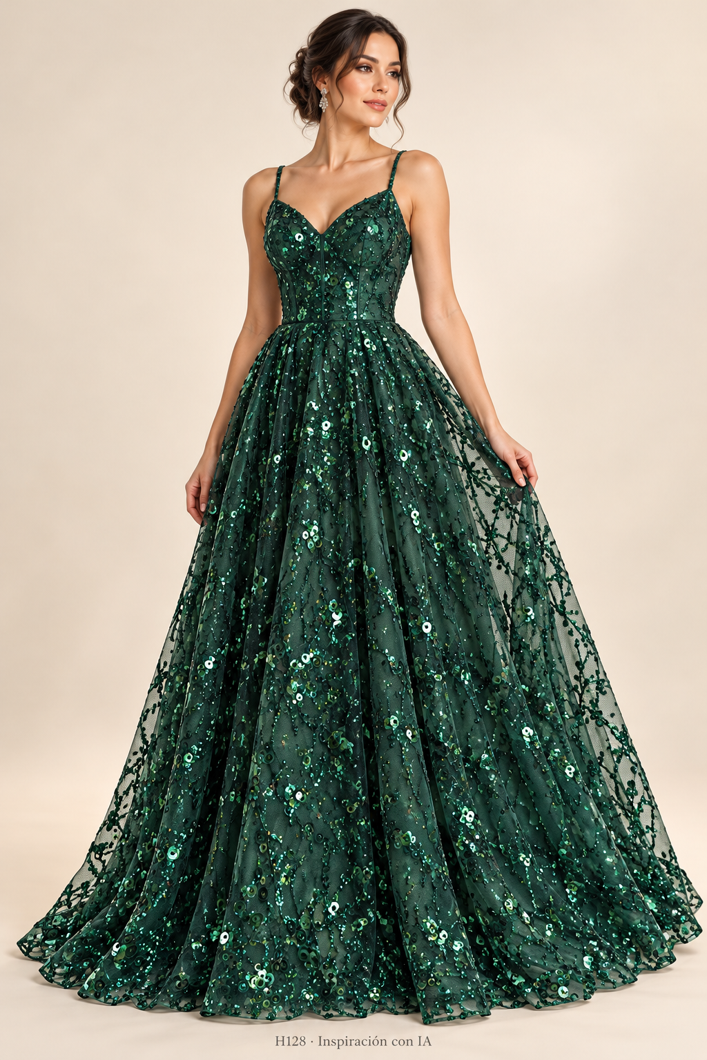 H128 · Inspiración de vestido generada con IA basada en esta tela. Se vende tela por metro.