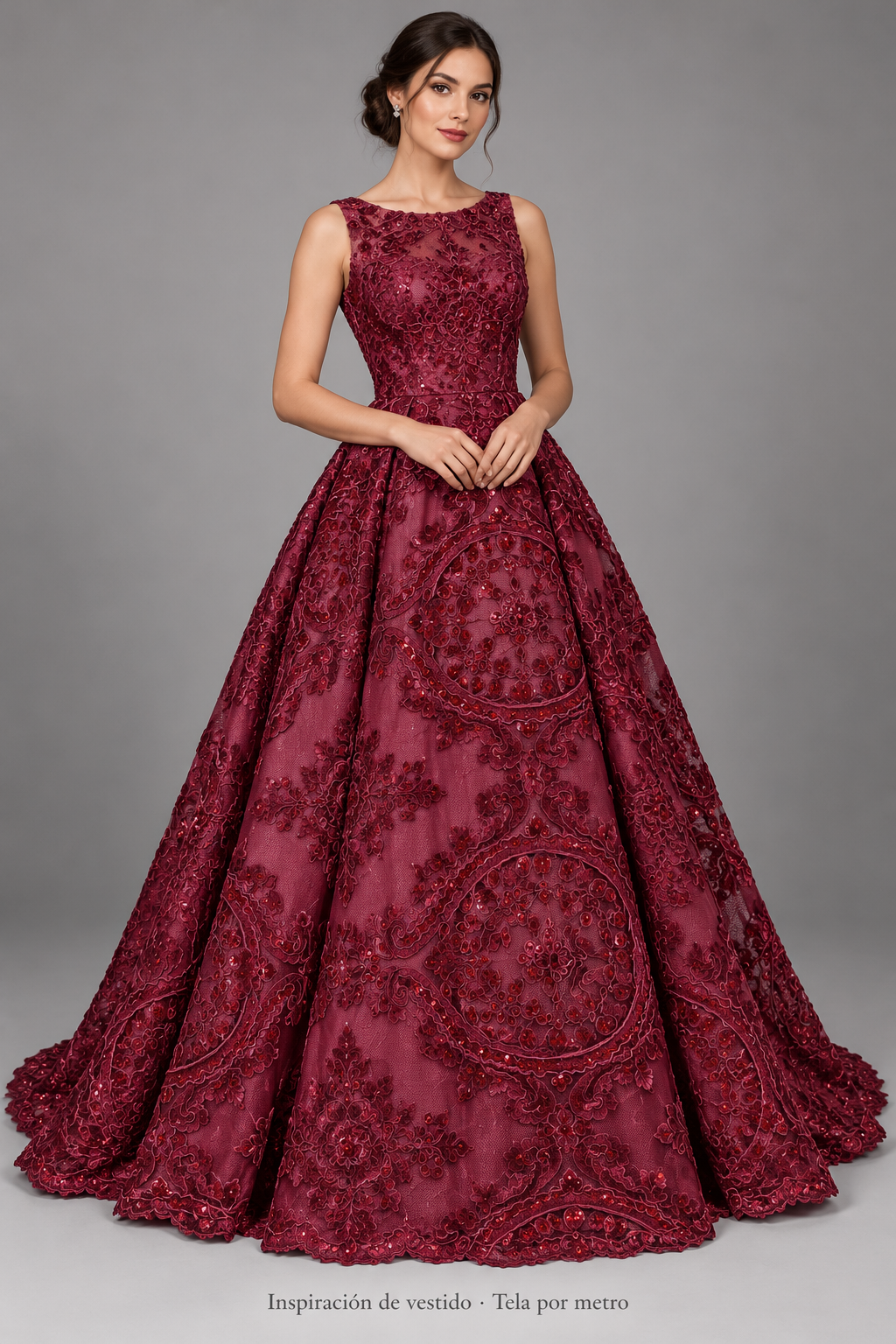 Tul bordado color vino H129, ideal para vestidos de noche de boda y de XV años · Inspiración de vestido generada con IA. Se vende tela por metro.