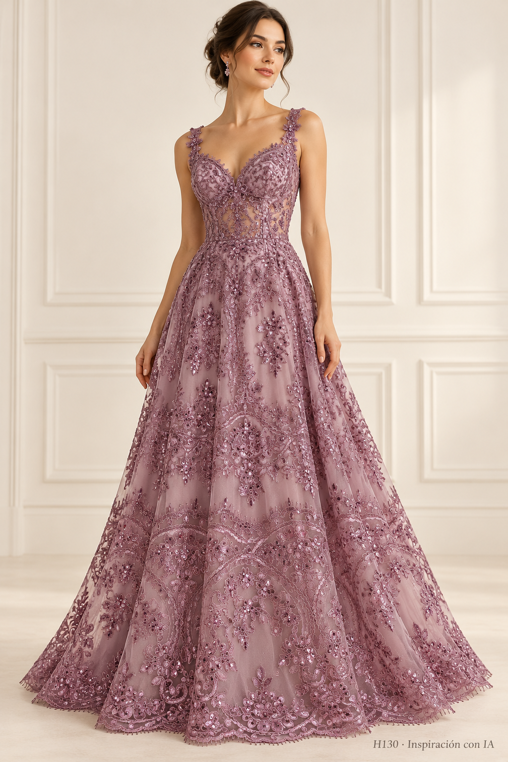 H130 palo de rosa · Inspiración con IA · 7727513174094. Ilustración de vestido basada en la fotografía de esta tela. Se vende tela por metro.