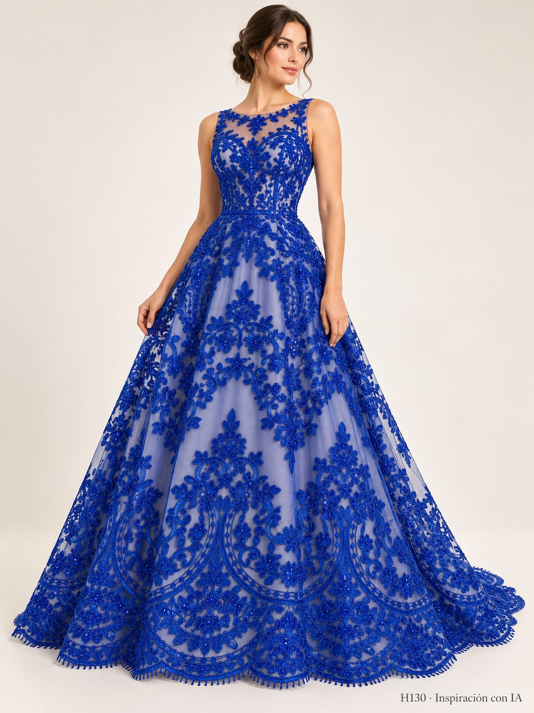 H130 · Inspiración con IA · 7741618290766. Vestido ilustrativo basado en esta tela. Se vende tela por metro.