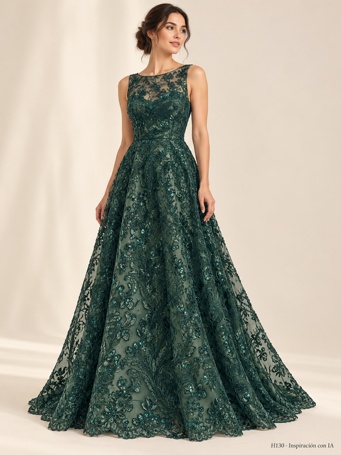 H130 · Inspiración de vestido generada con IA basada en esta tela. Se vende tela por metro.