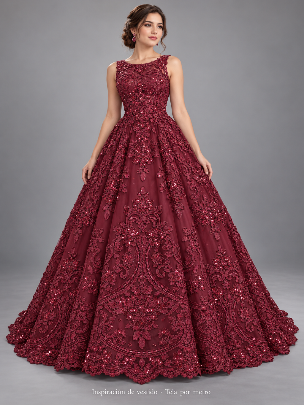 Tul bordado color vino H130, ideal para vestidos de noche de boda y de XV años · Inspiración de vestido generada con IA. Se vende tela por metro.