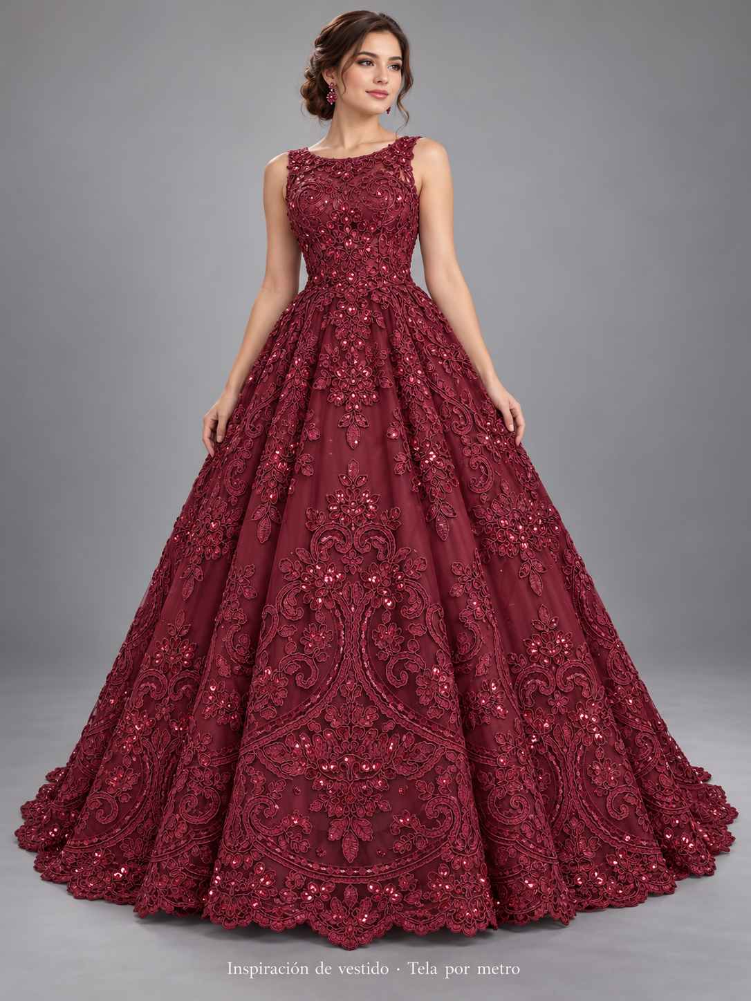 Tul bordado color vino H130, ideal para vestidos de noche de boda y de XV años · Inspiración de vestido generada con IA. Se vende tela por metro.