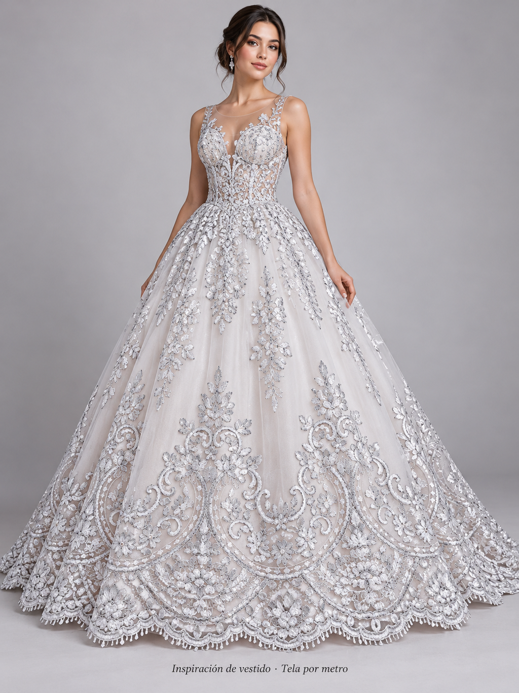 H130 blanco · Inspiración de vestido generada con IA. Se vende tela por metro.