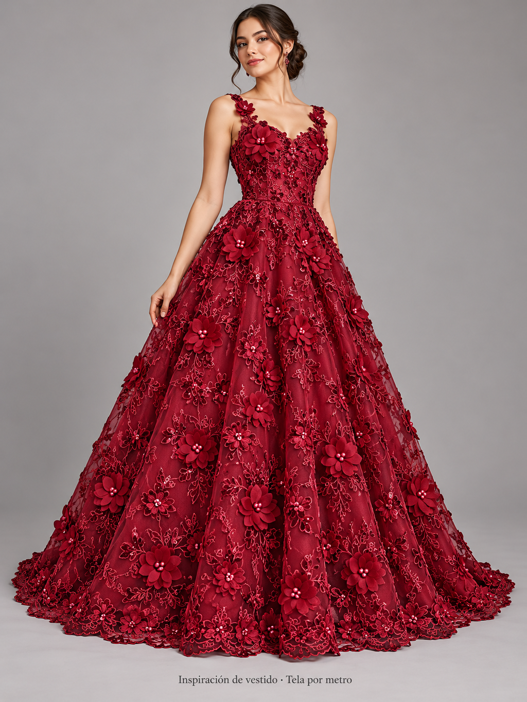 Tul bordado color vino H133, ideal para vestidos de noche de boda y de XV años · Inspiración de vestido generada con IA. Se vende tela por metro.