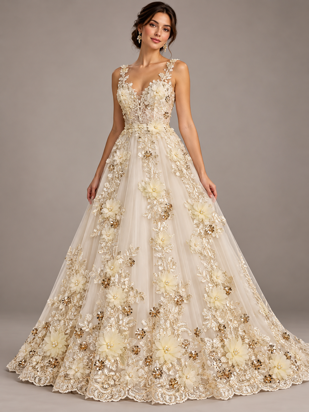 Inspiración de vestido generada con IA con tela H134 crema; se vende la tela por metro.