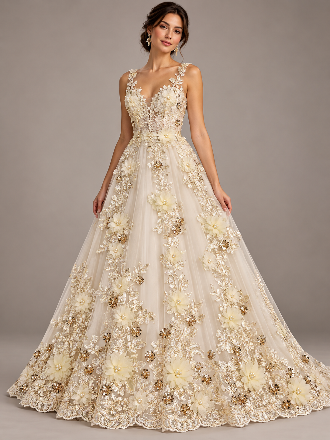 Inspiración de vestido generada con IA con tela H134 crema; se vende la tela por metro.