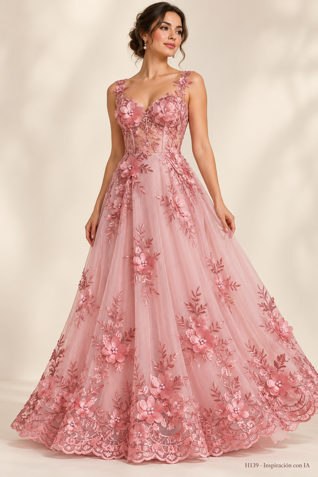 H139 rosa blush · Inspiración con IA · 7727513829454. Ilustración de vestido basada en la fotografía de esta tela. Se vende tela por metro.