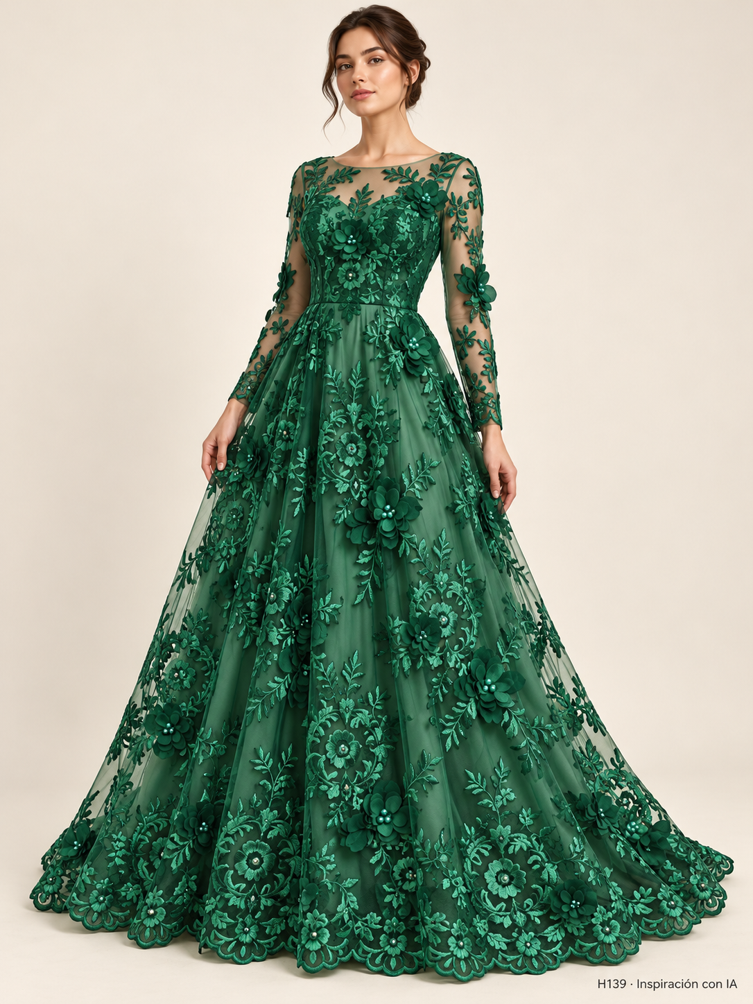 H139 · Inspiración de vestido generada con IA basada en esta tela. Se vende tela por metro.