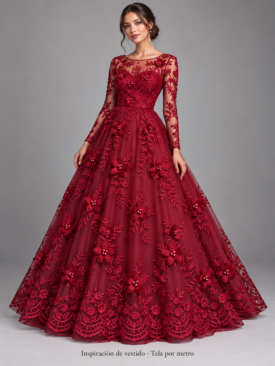 Tul bordado color vino H139, ideal para vestidos de noche de boda y de XV años · Inspiración de vestido generada con IA. Se vende tela por metro.